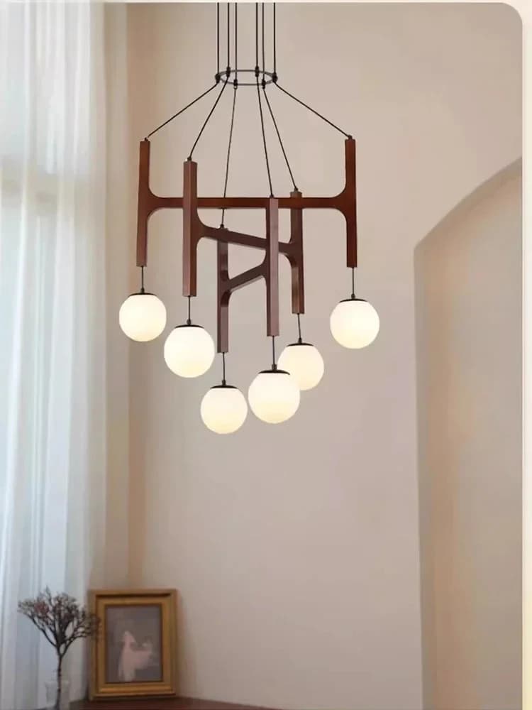 Stylish Minimalist Creative Art Wood Multi Head Glass LED Pendant Light Fashion Lamps for Living Room Home Decoration Chandelier