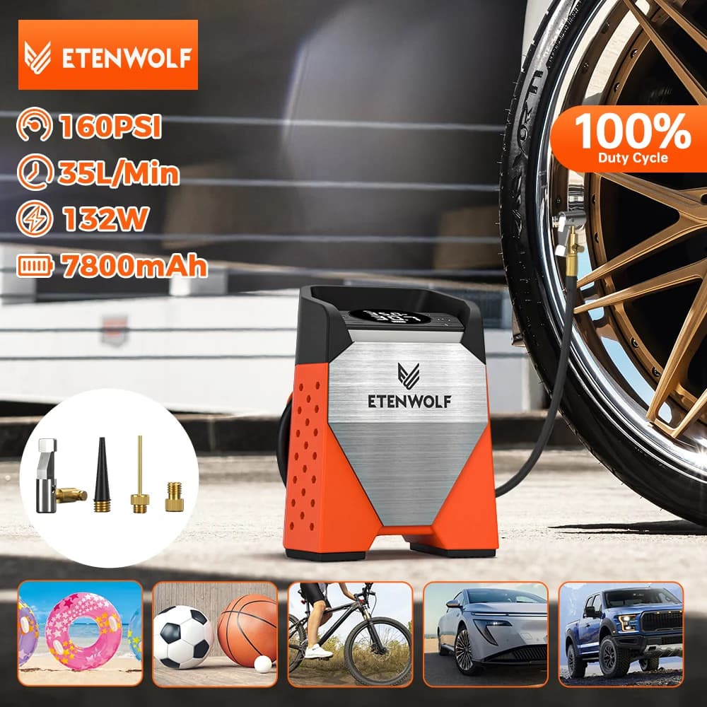 ETENWOLF ZEPHYR S3 Portable tyre inflatable 100 % PSI Air compressor for cars 7800mAh Moto Palle (New)