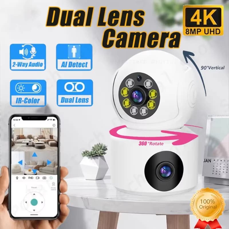 Doppia lente 360 ° Telecamera girevole 4K WiFi Sorveglianza Monitoraggio automatico Audio bidirezionale Monitor per visione notturna Smart Home Mini telecamera