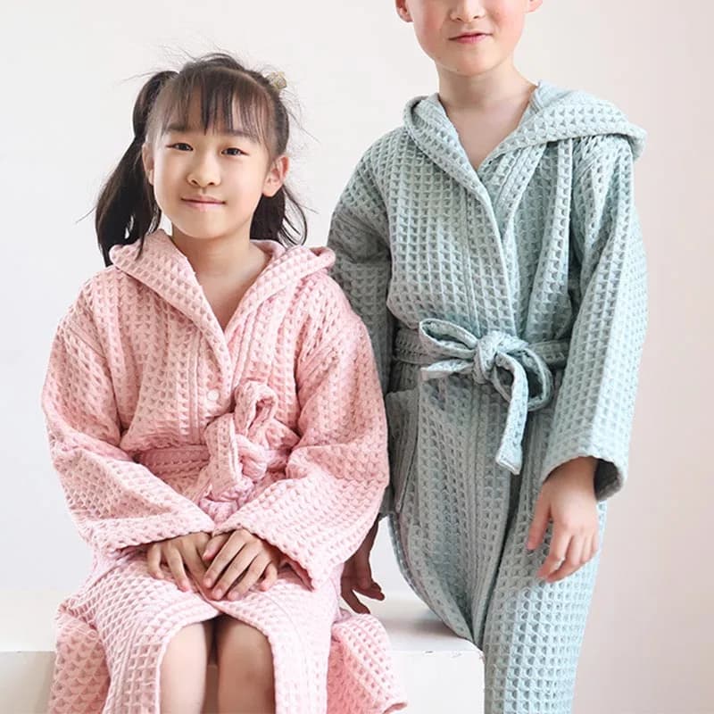 Children's Cotton Bathrobe Waffle Fabric Double Layered Bathrobe Homewear Children's Nightwear for Boys and Girls
