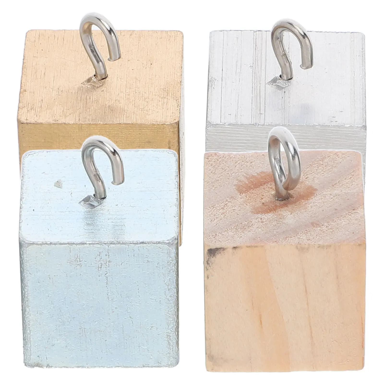 Set di 4 Cubi di Densità in Ottone, Ferro, Alluminio e Legno con Gancio da 2 cm per Esperimenti Scientifici di Fisica, Educazione Scientifica e Esposizione in Classe
