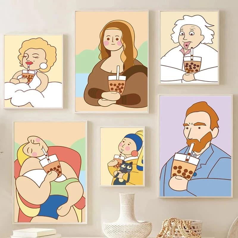 Divertente Mona Lisa Bubble Tea famoso ritratto cartone animato pittura Nordic Canvas Art Print Poster Picture Wall Living Room Home Decor