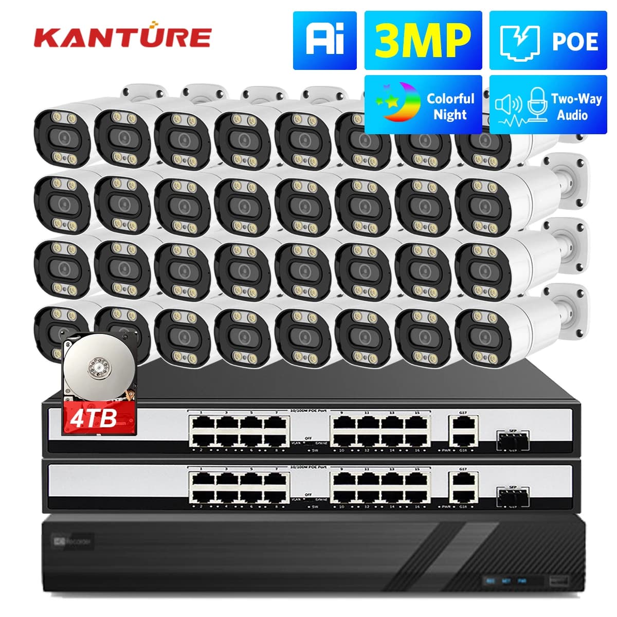KANTURE H.265 32CH 3MP POE security camera system Two-way audio CCTV IP camera outdoor waterproof XMEYE video surveillance kit