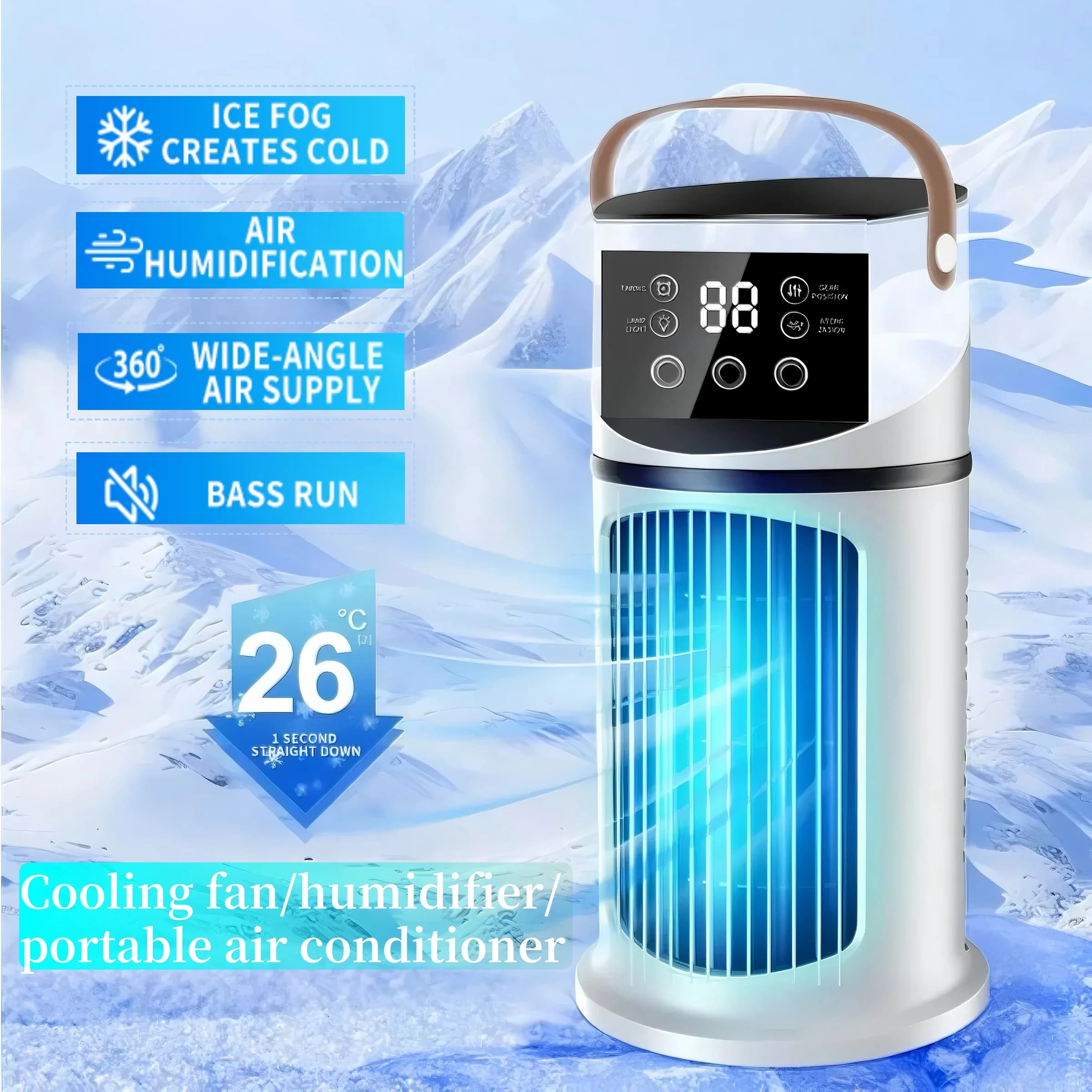 Umidificatore portatile con ventola di raffreddamento dell'aria con velocità del vento regolabile 1-9 Temporizzazione 1-8 ore Luce LED Spray a 3 fori per l'home office