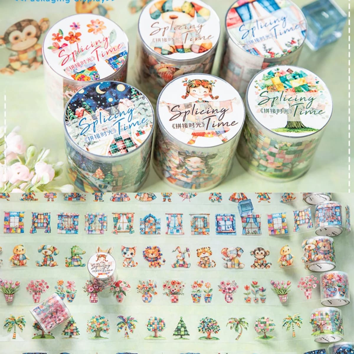 6-Roll Set 4Cm×200Cm Themed Pet Die-Cut Tape Set - Stitching Time Series - Decorative Small Tapes for Scrapbooking, Journaling, Crafting, and Gift Wrapping - Various Elegant Designs for DIY Projects and Art Supplies