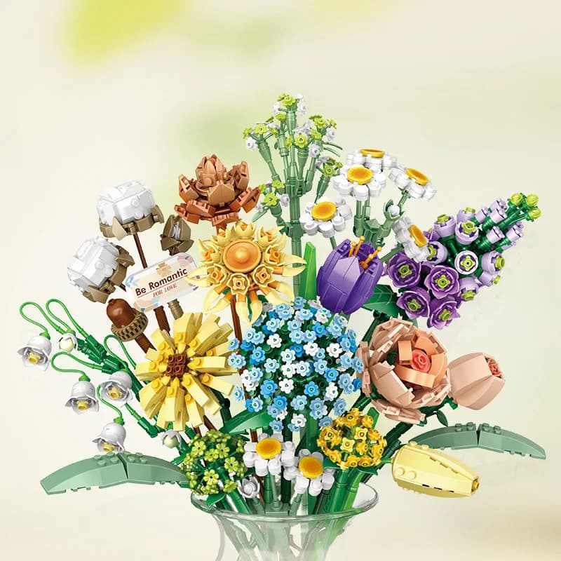 Romantic Roses Flowers Sunflowers Narcisi Gardens House Building Blocks Model Classic Mini set of bricks Kit for children