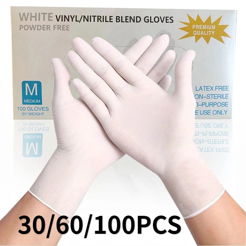 30/60/100PCS Guanti in nitrile bianco monouso per uso domestico Guanti in nitrile impermeabili Cucina Lavare i piatti Strumenti per la pulizia del bagno degli animali domestici