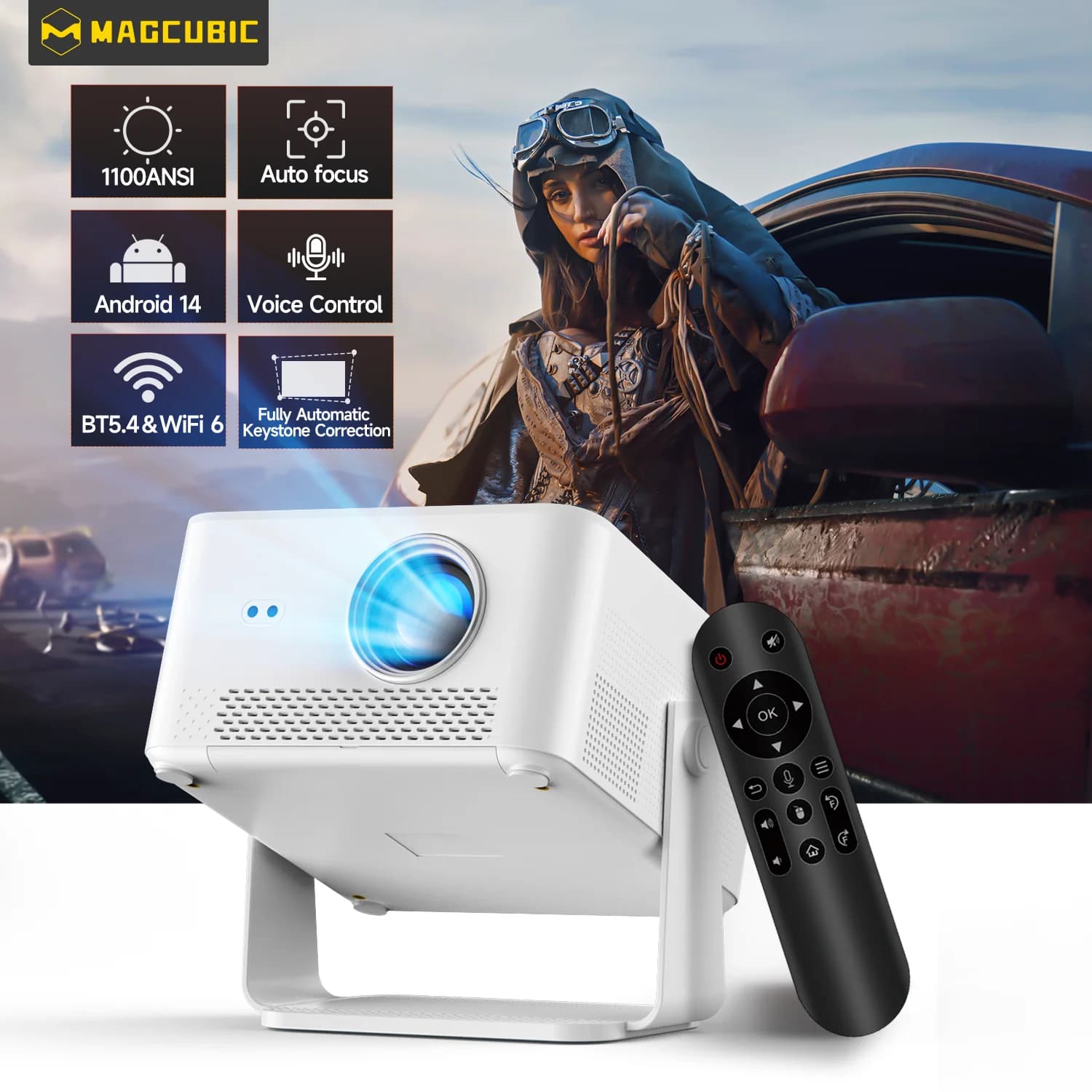 Magcubic HY450MAX 1100ANSI Android 14 Proiettore esterno portatile 1080P Messa a fuoco automatica Supporto 8K Mini proiettore a fascio WIFI6