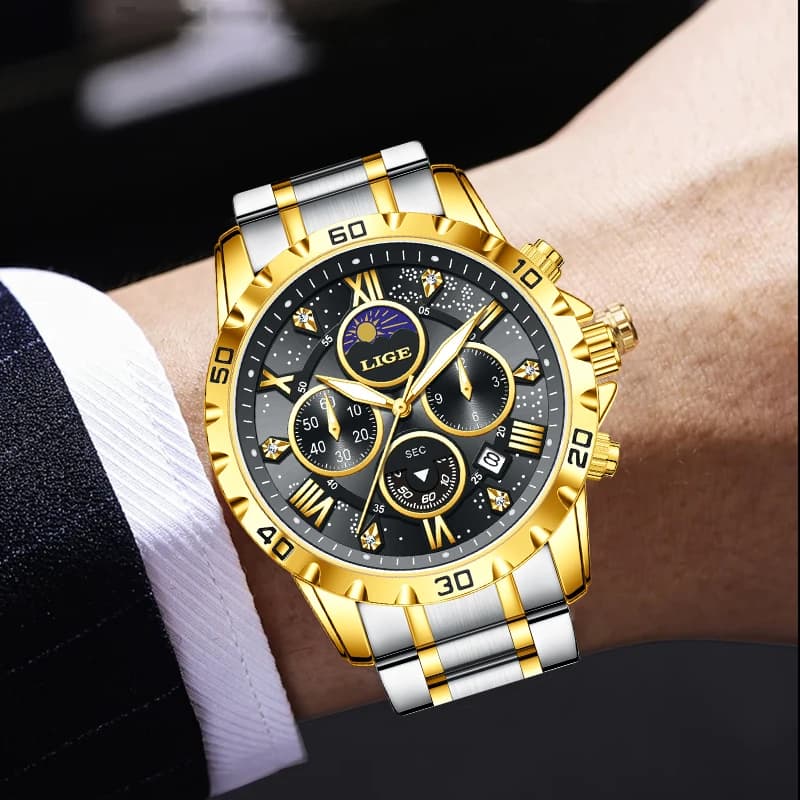 Men's Watch LIGE Luxury, Quartz, Sporty, Waterproof, Stainless Steel, Luminous, Chronograph, Moon Phases 24H + Pack