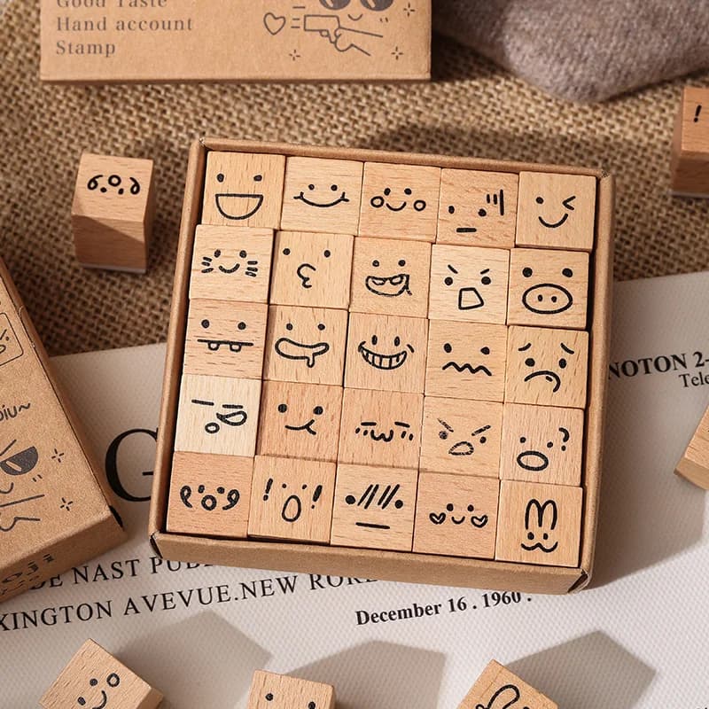 Journal GO 25pcs/set Cute Stamp Wooden Rubber Stamps Lovely Vintage Craft Stamps Set for Diy Scrapbooking Planner Card Making