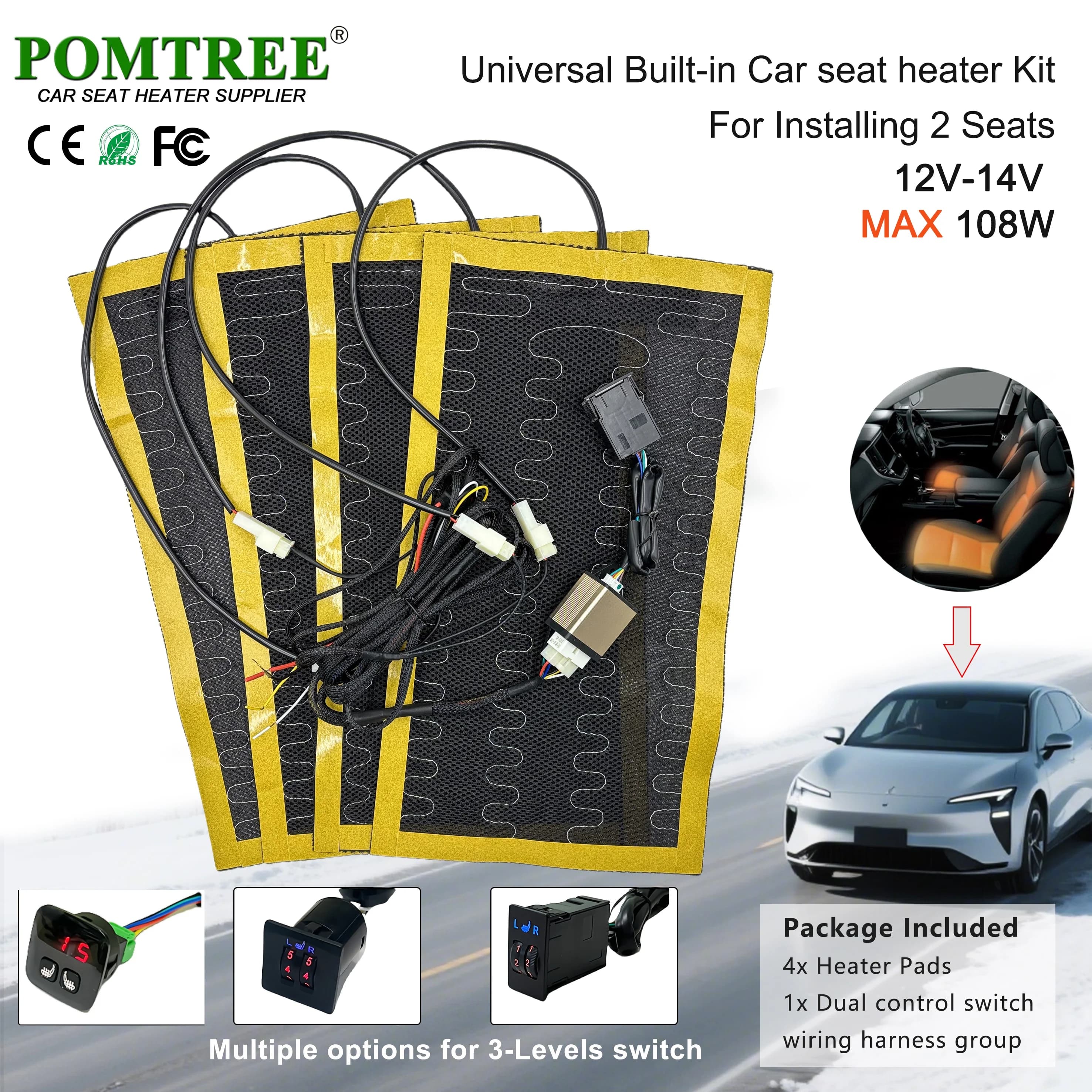 12 V universal integrated car seat heater kit suitable for 2 seats with 4 108 W alloy wire heating pads and 5-level double control switch