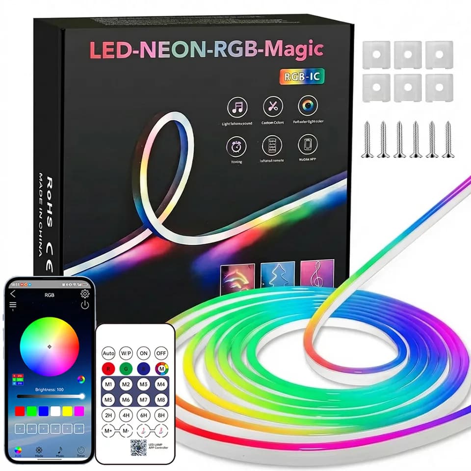 Striscia LED RGB Neon Bluetooth 1-10m DC5V USB IP65 Impermeabile Flessibile con Controllo App/Telecomando e Sincronizzazione Musicale per Decorazioni Domestiche