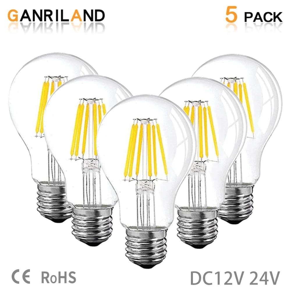 GANRILAND DC12V 24V Lampada a LED A19 6W Lampadina a filamento Lampadine a globo Edison a bassa tensione 4500K Luce diurna Bianco caldo 2700K E26 E27