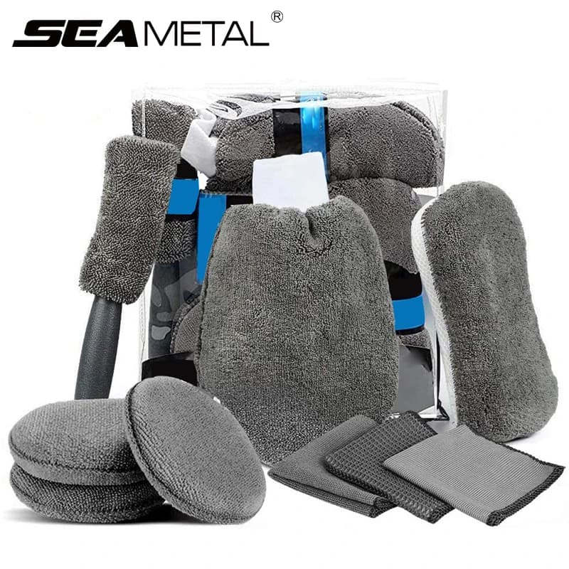 SEAMETAL 9 pezzi Kit per la pulizia della lavaggio auto Asciugamani in microfibra Fard Spugna Guanto per lavaggio Lucido Applicatore per la cura Tamponi Accessori per lavaggio auto